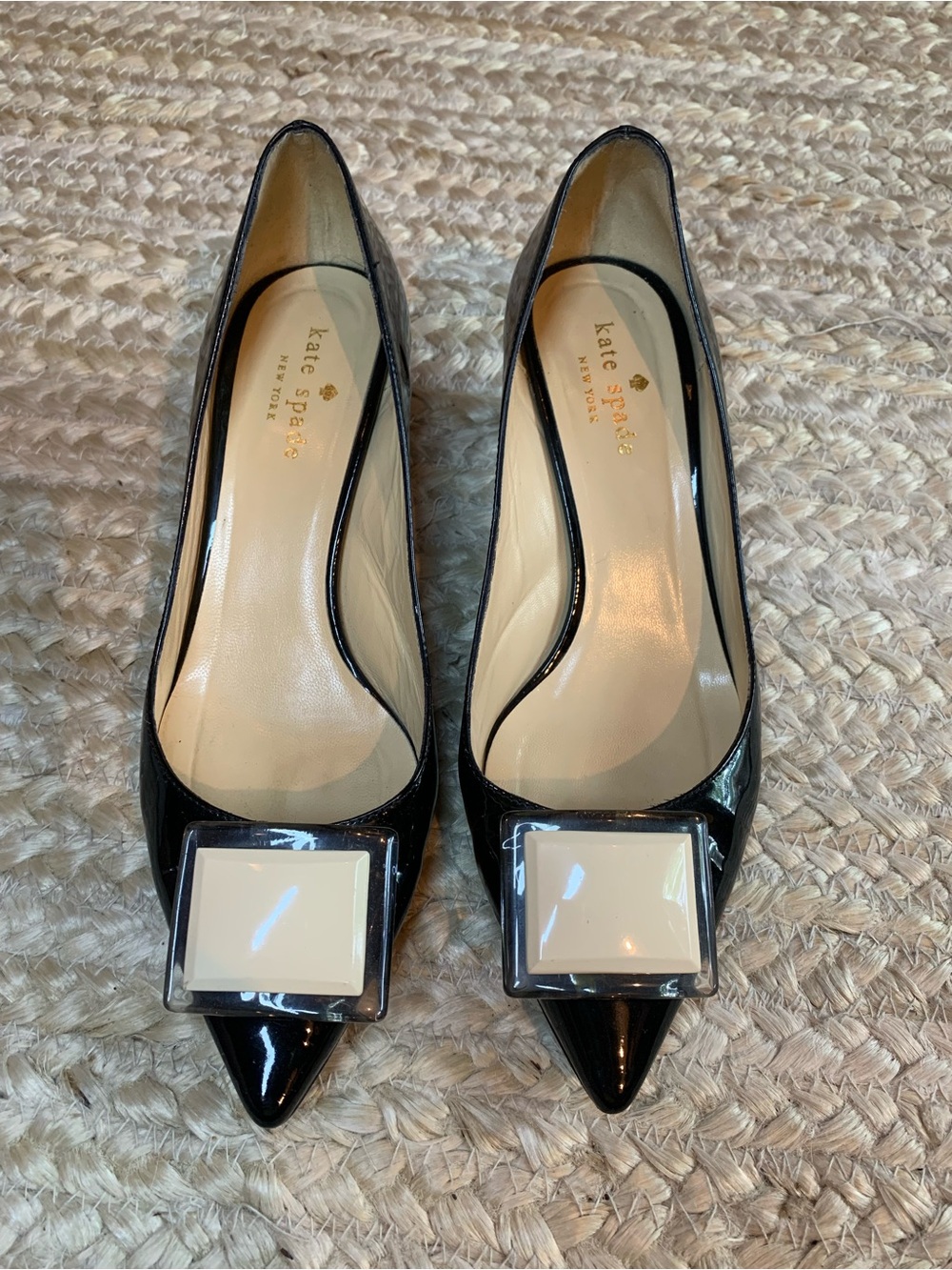 Kate Spade Black Patent Pointed Toe Low Heels with Cream Lucite-Like Accent - Picture 6 of 8